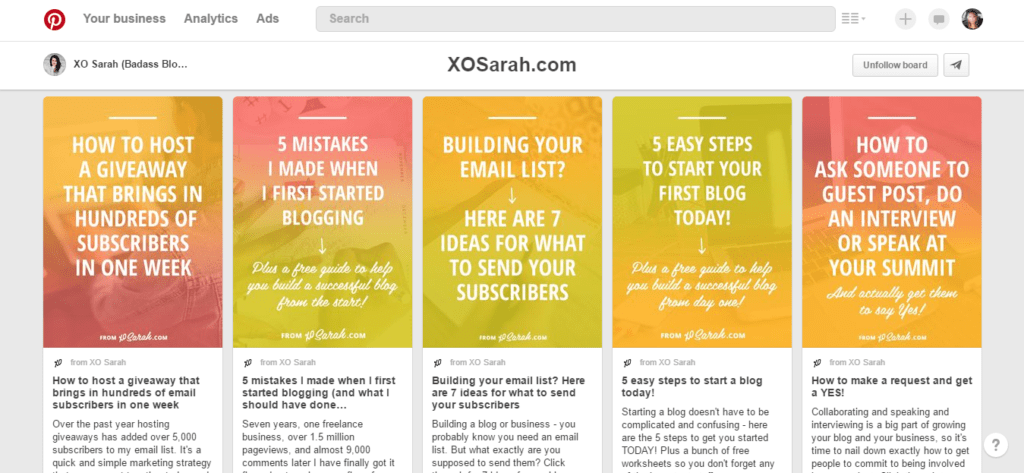 XO Sarah has great branded pin style of yellow and pink with click-worthy bold text.