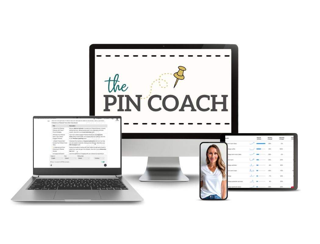 pin coach mockup Screenshot of The Pin Coach Pinterest AI tool dashboard