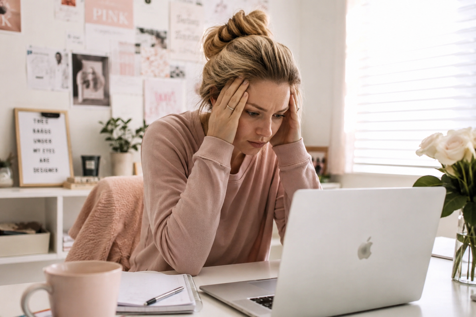 Overwhelmed blogger at laptop
