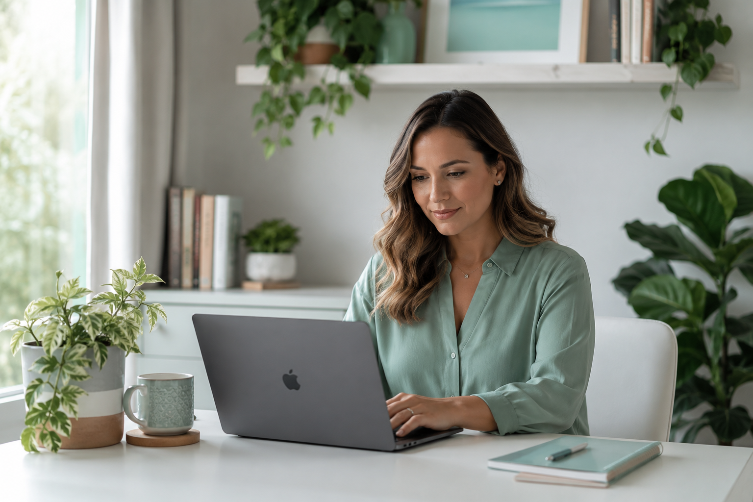 Calm focused blogger at clean workspace